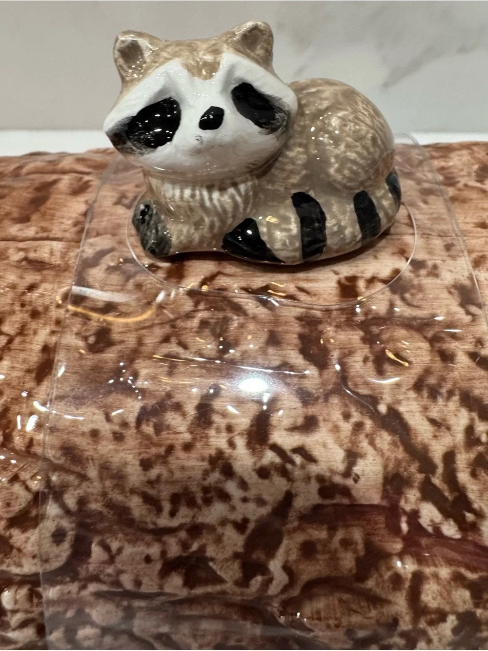 Large Heritage Harvest Fall Butter Dish w/Forest Raccoon on Log New